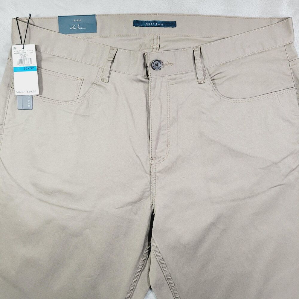 Perry Ellis Khaki Pants Mens 36x32 Beige Slim Stretch 5 Pocket Chino Casual